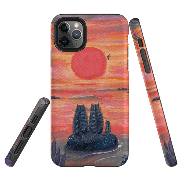 iPhone phone case-Sunset Cats By Mary Stubberfield-Product Details Raised bevel to protect screen from scratches. Impact resistant polycarbonate shell and shock absorbing inner TPU liner. Secure fit with design wrapping around side of the case and full access to ports. Compatible with Qi-standard wireless charging. Thickness 1/8 inch (3mm), weight 30g. Compatibility See drop down menu for options, please select the right case as we print to order.-Stringberry