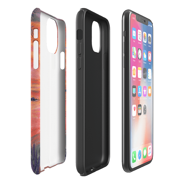 iPhone phone case-Sunset Cats By Mary Stubberfield-Product Details Raised bevel to protect screen from scratches. Impact resistant polycarbonate shell and shock absorbing inner TPU liner. Secure fit with design wrapping around side of the case and full access to ports. Compatible with Qi-standard wireless charging. Thickness 1/8 inch (3mm), weight 30g. Compatibility See drop down menu for options, please select the right case as we print to order.-Stringberry