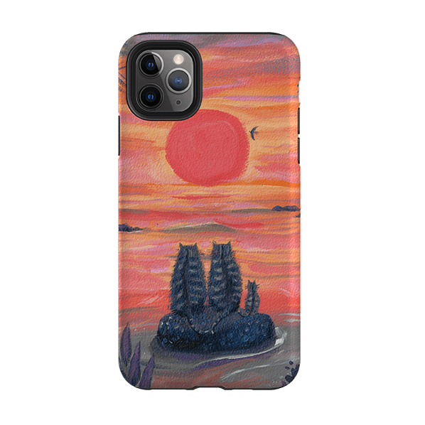 iPhone phone case-Sunset Cats By Mary Stubberfield-Product Details Raised bevel to protect screen from scratches. Impact resistant polycarbonate shell and shock absorbing inner TPU liner. Secure fit with design wrapping around side of the case and full access to ports. Compatible with Qi-standard wireless charging. Thickness 1/8 inch (3mm), weight 30g. Compatibility See drop down menu for options, please select the right case as we print to order.-Stringberry