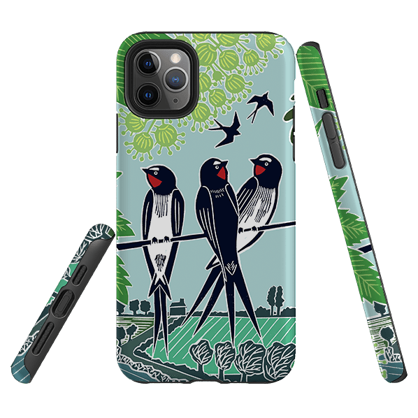 iPhone phone case-Swallows By Kate Heiss-Product Details Raised bevel to protect screen from scratches. Impact resistant polycarbonate shell and shock absorbing inner TPU liner. Secure fit with design wrapping around side of the case and full access to ports. Compatible with Qi-standard wireless charging. Thickness 1/8 inch (3mm), weight 30g. Compatibility See drop down menu for options, please select the right case as we print to order.-Stringberry