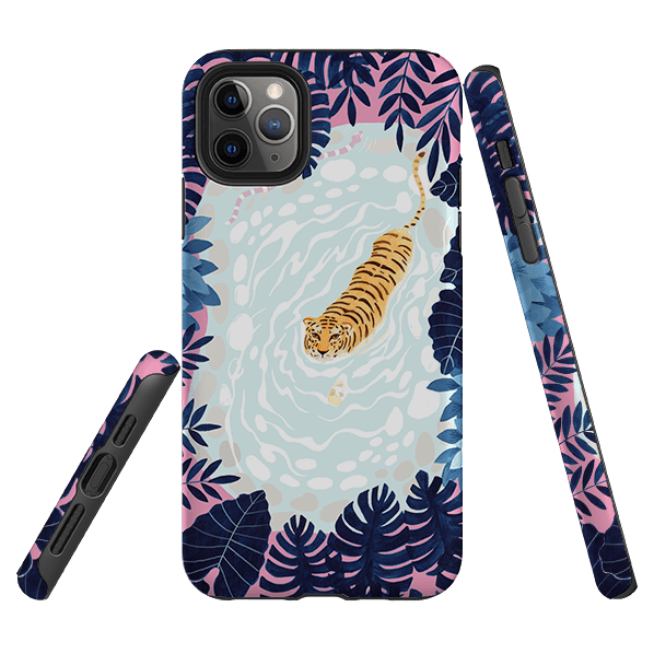 iPhone phone case-Swimming Tiger By Bex Parkin-Product Details Raised bevel to protect screen from scratches. Impact resistant polycarbonate shell and shock absorbing inner TPU liner. Secure fit with design wrapping around side of the case and full access to ports. Compatible with Qi-standard wireless charging. Thickness 1/8 inch (3mm), weight 30g. Compatibility See drop down menu for options, please select the right case as we print to order.-Stringberry