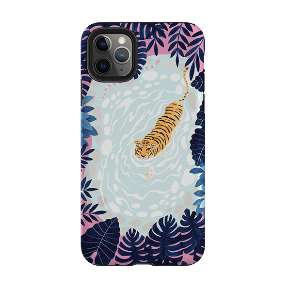 iPhone phone case-Swimming Tiger By Bex Parkin-Product Details Raised bevel to protect screen from scratches. Impact resistant polycarbonate shell and shock absorbing inner TPU liner. Secure fit with design wrapping around side of the case and full access to ports. Compatible with Qi-standard wireless charging. Thickness 1/8 inch (3mm), weight 30g. Compatibility See drop down menu for options, please select the right case as we print to order.-Stringberry