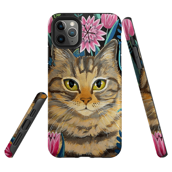 iPhone phone case-Tabby Cat By Mary Stubberfield-Product Details Raised bevel to protect screen from scratches. Impact resistant polycarbonate shell and shock absorbing inner TPU liner. Secure fit with design wrapping around side of the case and full access to ports. Compatible with Qi-standard wireless charging. Thickness 1/8 inch (3mm), weight 30g. Compatibility See drop down menu for options, please select the right case as we print to order.-Stringberry