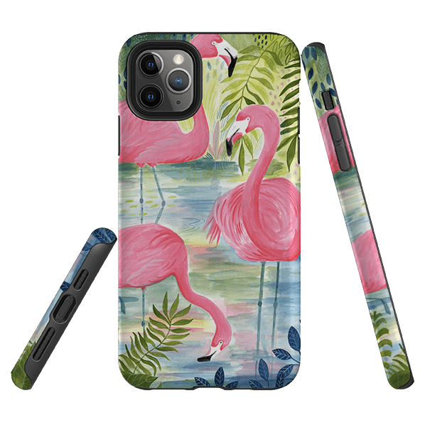 iPhone phone case-Three Flamingo By Bex Parkin-Product Details Raised bevel to protect screen from scratches. Impact resistant polycarbonate shell and shock absorbing inner TPU liner. Secure fit with design wrapping around side of the case and full access to ports. Compatible with Qi-standard wireless charging. Thickness 1/8 inch (3mm), weight 30g. Compatibility See drop down menu for options, please select the right case as we print to order.-Stringberry