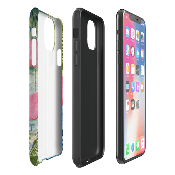 iPhone phone case-Three Flamingo By Bex Parkin-Product Details Raised bevel to protect screen from scratches. Impact resistant polycarbonate shell and shock absorbing inner TPU liner. Secure fit with design wrapping around side of the case and full access to ports. Compatible with Qi-standard wireless charging. Thickness 1/8 inch (3mm), weight 30g. Compatibility See drop down menu for options, please select the right case as we print to order.-Stringberry