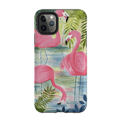 iPhone phone case-Three Flamingo By Bex Parkin-Product Details Raised bevel to protect screen from scratches. Impact resistant polycarbonate shell and shock absorbing inner TPU liner. Secure fit with design wrapping around side of the case and full access to ports. Compatible with Qi-standard wireless charging. Thickness 1/8 inch (3mm), weight 30g. Compatibility See drop down menu for options, please select the right case as we print to order.-Stringberry