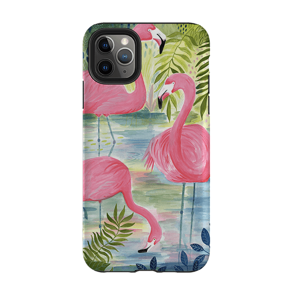 iPhone phone case-Three Flamingo By Bex Parkin-Product Details Raised bevel to protect screen from scratches. Impact resistant polycarbonate shell and shock absorbing inner TPU liner. Secure fit with design wrapping around side of the case and full access to ports. Compatible with Qi-standard wireless charging. Thickness 1/8 inch (3mm), weight 30g. Compatibility See drop down menu for options, please select the right case as we print to order.-Stringberry