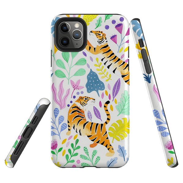 iPhone phone case-Tigers And Flowers By Bex Parkin-Product Details Raised bevel to protect screen from scratches. Impact resistant polycarbonate shell and shock absorbing inner TPU liner. Secure fit with design wrapping around side of the case and full access to ports. Compatible with Qi-standard wireless charging. Thickness 1/8 inch (3mm), weight 30g. Compatibility See drop down menu for options, please select the right case as we print to order.-Stringberry