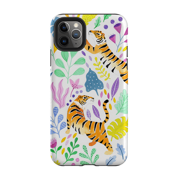 iPhone phone case-Tigers And Flowers By Bex Parkin-Product Details Raised bevel to protect screen from scratches. Impact resistant polycarbonate shell and shock absorbing inner TPU liner. Secure fit with design wrapping around side of the case and full access to ports. Compatible with Qi-standard wireless charging. Thickness 1/8 inch (3mm), weight 30g. Compatibility See drop down menu for options, please select the right case as we print to order.-Stringberry