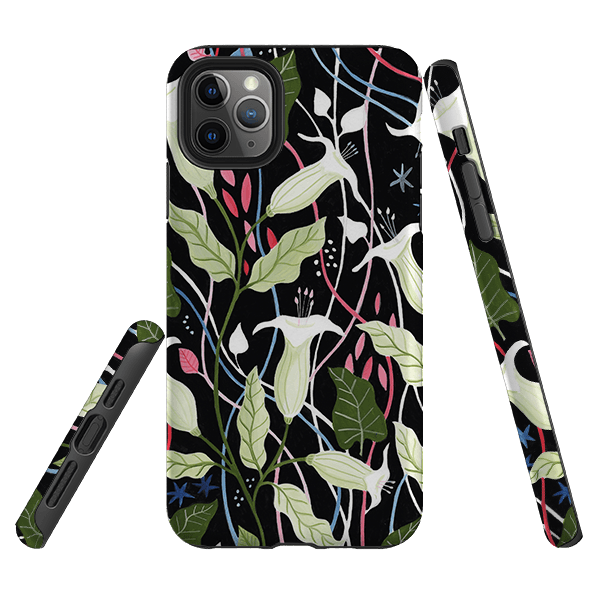 iPhone phone case-Trumpet Flowers By Bex Parkin-Product Details Raised bevel to protect screen from scratches. Impact resistant polycarbonate shell and shock absorbing inner TPU liner. Secure fit with design wrapping around side of the case and full access to ports. Compatible with Qi-standard wireless charging. Thickness 1/8 inch (3mm), weight 30g. Compatibility See drop down menu for options, please select the right case as we print to order.-Stringberry