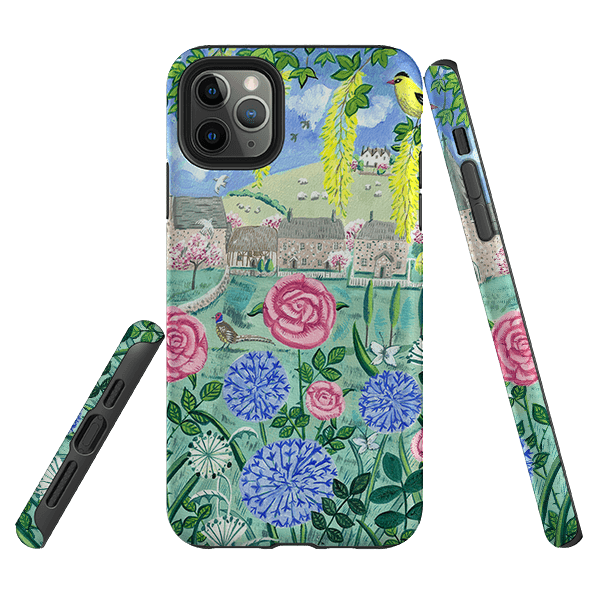 iPhone phone case-Village Floral By Mary Stubberfield-Product Details Raised bevel to protect screen from scratches. Impact resistant polycarbonate shell and shock absorbing inner TPU liner. Secure fit with design wrapping around side of the case and full access to ports. Compatible with Qi-standard wireless charging. Thickness 1/8 inch (3mm), weight 30g. Compatibility See drop down menu for options, please select the right case as we print to order.-Stringberry