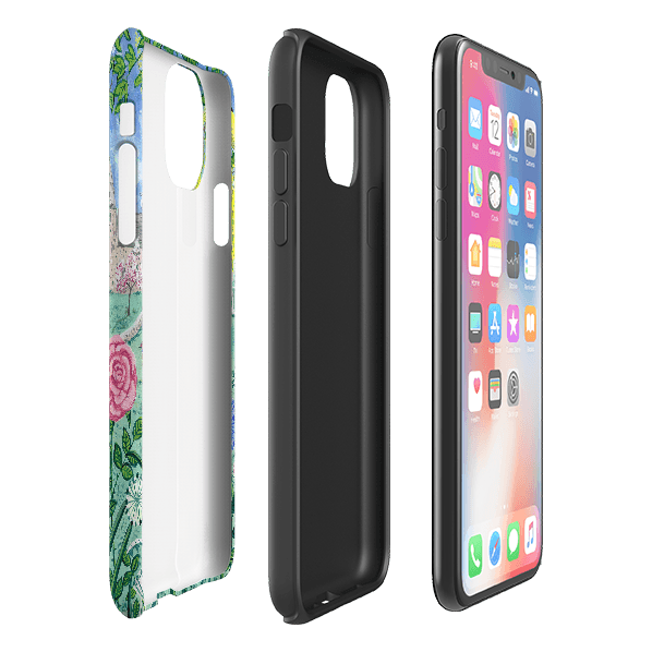 iPhone phone case-Village Floral By Mary Stubberfield-Product Details Raised bevel to protect screen from scratches. Impact resistant polycarbonate shell and shock absorbing inner TPU liner. Secure fit with design wrapping around side of the case and full access to ports. Compatible with Qi-standard wireless charging. Thickness 1/8 inch (3mm), weight 30g. Compatibility See drop down menu for options, please select the right case as we print to order.-Stringberry