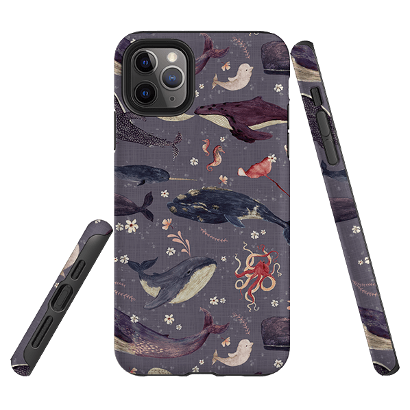 iPhone phone case-Whale Song Lavender By Katherine Quinn-Product Details Raised bevel to protect screen from scratches. Impact resistant polycarbonate shell and shock absorbing inner TPU liner. Secure fit with design wrapping around side of the case and full access to ports. Compatible with Qi-standard wireless charging. Thickness 1/8 inch (3mm), weight 30g. Compatibility See drop down menu for options, please select the right case as we print to order.-Stringberry