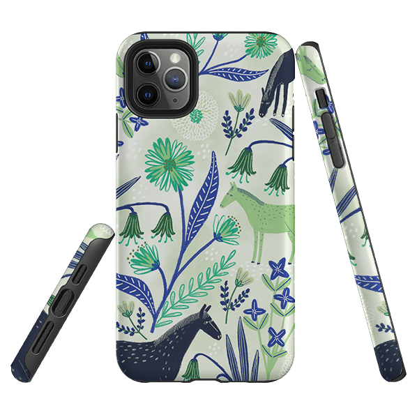 iPhone phone case-Wild Ponies Green By Lee Foster Wilson-Product Details Raised bevel to protect screen from scratches. Impact resistant polycarbonate shell and shock absorbing inner TPU liner. Secure fit with design wrapping around side of the case and full access to ports. Compatible with Qi-standard wireless charging. Thickness 1/8 inch (3mm), weight 30g. Compatibility See drop down menu for options, please select the right case as we print to order.-Stringberry