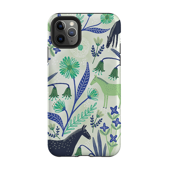 iPhone phone case-Wild Ponies Green By Lee Foster Wilson-Product Details Raised bevel to protect screen from scratches. Impact resistant polycarbonate shell and shock absorbing inner TPU liner. Secure fit with design wrapping around side of the case and full access to ports. Compatible with Qi-standard wireless charging. Thickness 1/8 inch (3mm), weight 30g. Compatibility See drop down menu for options, please select the right case as we print to order.-Stringberry