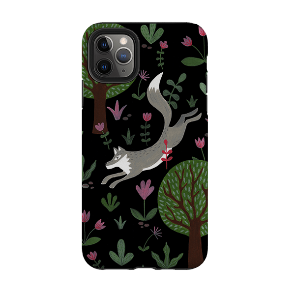 iPhone phone case-Wolf In Trees By Bex Parkin-Product Details Raised bevel to protect screen from scratches. Impact resistant polycarbonate shell and shock absorbing inner TPU liner. Secure fit with design wrapping around side of the case and full access to ports. Compatible with Qi-standard wireless charging. Thickness 1/8 inch (3mm), weight 30g. Compatibility See drop down menu for options, please select the right case as we print to order.-Stringberry
