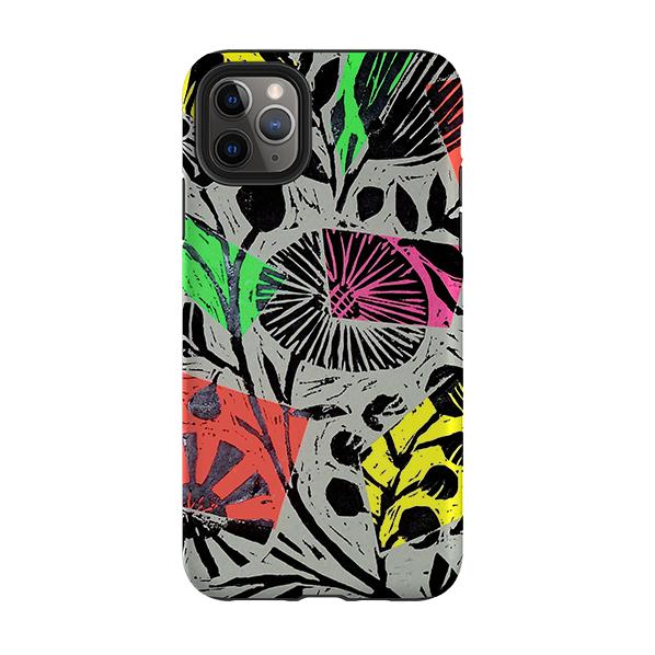 iPhone phone case-Woodcut Floral By Sarah Campbell-Product Details Raised bevel to protect screen from scratches. Impact resistant polycarbonate shell and shock absorbing inner TPU liner. Secure fit with design wrapping around side of the case and full access to ports. Compatible with Qi-standard wireless charging. Thickness 1/8 inch (3mm), weight 30g. Compatibility See drop down menu for options, please select the right case as we print to order.-Stringberry