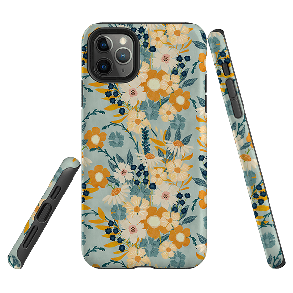 iPhone phone case-Yellow And Blue Floral By Katherine Quinn-Product Details Raised bevel to protect screen from scratches. Impact resistant polycarbonate shell and shock absorbing inner TPU liner. Secure fit with design wrapping around side of the case and full access to ports. Compatible with Qi-standard wireless charging. Thickness 1/8 inch (3mm), weight 30g. Compatibility See drop down menu for options, please select the right case as we print to order.-Stringberry