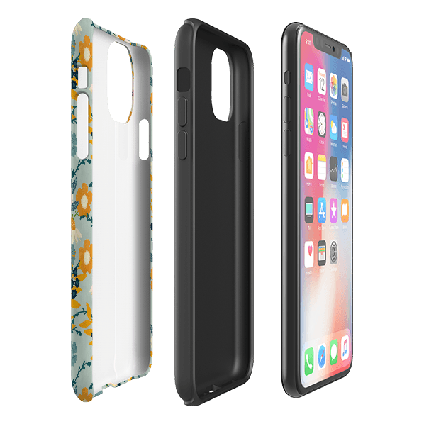 iPhone phone case-Yellow And Blue Floral By Katherine Quinn-Product Details Raised bevel to protect screen from scratches. Impact resistant polycarbonate shell and shock absorbing inner TPU liner. Secure fit with design wrapping around side of the case and full access to ports. Compatible with Qi-standard wireless charging. Thickness 1/8 inch (3mm), weight 30g. Compatibility See drop down menu for options, please select the right case as we print to order.-Stringberry