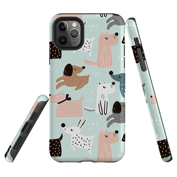 iPhone phone case-Dogs World-Product Details Raised bevel to protect screen from scratches. Impact resistant polycarbonate shell and shock absorbing inner TPU liner. Secure fit with design wrapping around side of the case and full access to ports. Compatible with Qi-standard wireless charging. Thickness 1/8 inch (3mm), weight 30g. Compatibility See drop down menu for options, please select the right case as we print to order.-Stringberry