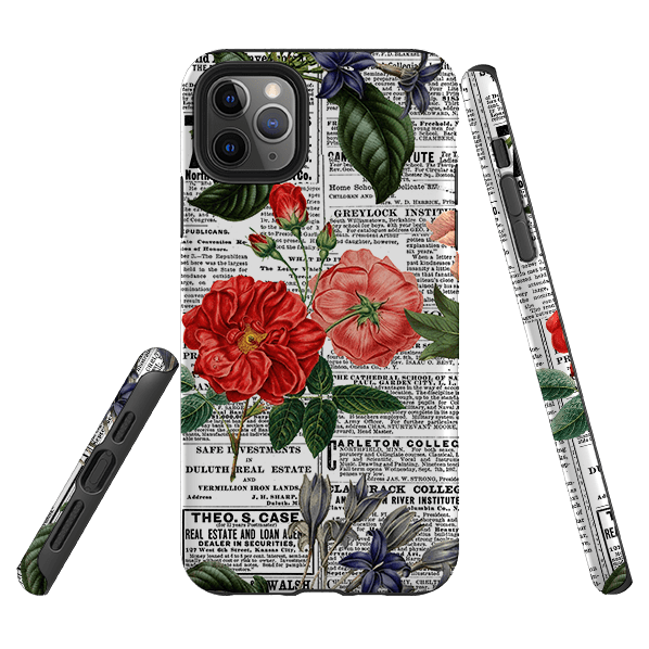 iPhone phone case-Floral Newsprint-Product Details Raised bevel to protect screen from scratches. Impact resistant polycarbonate shell and shock absorbing inner TPU liner. Secure fit with design wrapping around side of the case and full access to ports. Compatible with Qi-standard wireless charging. Thickness 1/8 inch (3mm), weight 30g. Compatibility See drop down menu for options, please select the right case as we print to order.-Stringberry