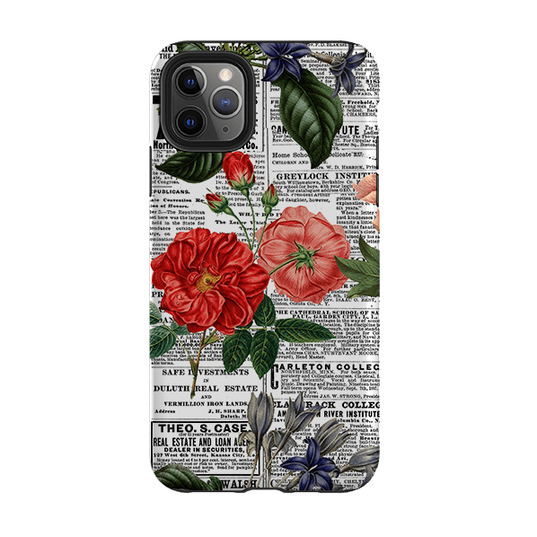 iPhone phone case-Floral Newsprint-Product Details Raised bevel to protect screen from scratches. Impact resistant polycarbonate shell and shock absorbing inner TPU liner. Secure fit with design wrapping around side of the case and full access to ports. Compatible with Qi-standard wireless charging. Thickness 1/8 inch (3mm), weight 30g. Compatibility See drop down menu for options, please select the right case as we print to order.-Stringberry