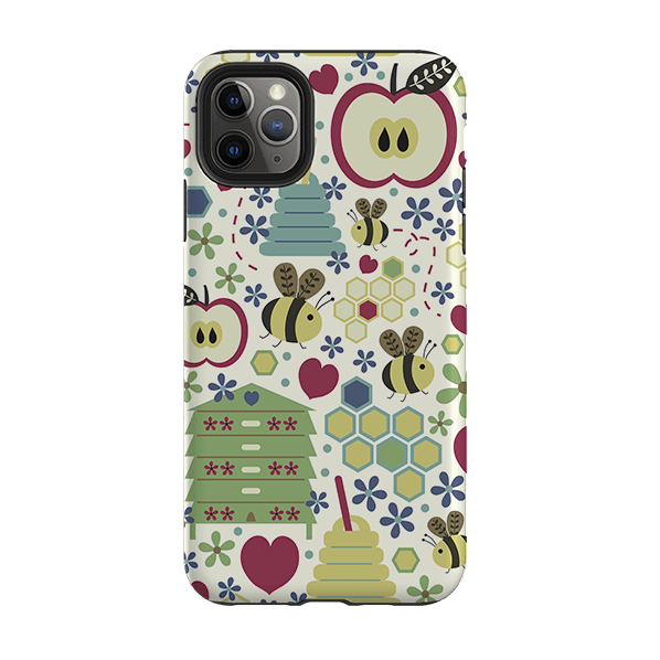iPhone phone case-Honey Bees By Suzy Taylor-Product Details Raised bevel to protect screen from scratches. Impact resistant polycarbonate shell and shock absorbing inner TPU liner. Secure fit with design wrapping around side of the case and full access to ports. Compatible with Qi-standard wireless charging. Thickness 1/8 inch (3mm), weight 30g. Compatibility See drop down menu for options, please select the right case as we print to order.-Stringberry