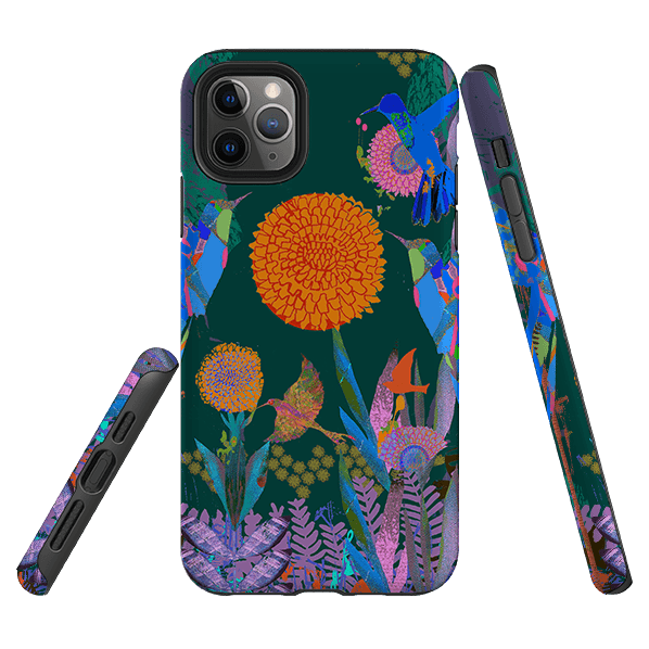 iPhone phone case-Hummingbird Forest By Tiffany Lynch-Product Details Raised bevel to protect screen from scratches. Impact resistant polycarbonate shell and shock absorbing inner TPU liner. Secure fit with design wrapping around side of the case and full access to ports. Compatible with Qi-standard wireless charging. Thickness 1/8 inch (3mm), weight 30g. Compatibility See drop down menu for options, please select the right case as we print to order.-Stringberry