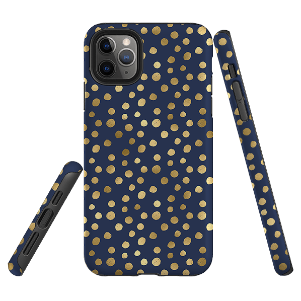 iPhone phone case-Navy Polka-Product Details Raised bevel to protect screen from scratches. Impact resistant polycarbonate shell and shock absorbing inner TPU liner. Secure fit with design wrapping around side of the case and full access to ports. Compatible with Qi-standard wireless charging. Thickness 1/8 inch (3mm), weight 30g. Compatibility See drop down menu for options, please select the right case as we print to order.-Stringberry