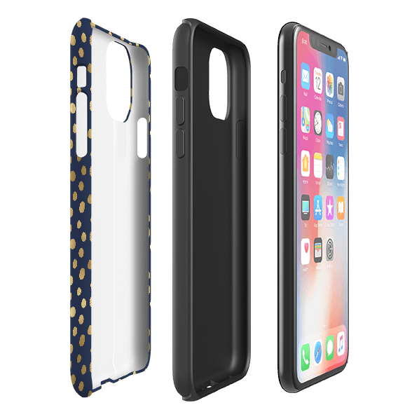 iPhone phone case-Navy Polka-Product Details Raised bevel to protect screen from scratches. Impact resistant polycarbonate shell and shock absorbing inner TPU liner. Secure fit with design wrapping around side of the case and full access to ports. Compatible with Qi-standard wireless charging. Thickness 1/8 inch (3mm), weight 30g. Compatibility See drop down menu for options, please select the right case as we print to order.-Stringberry