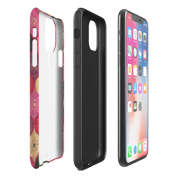 iPhone phone case-Red Damask By Jehane-Product Details Raised bevel to protect screen from scratches. Impact resistant polycarbonate shell and shock absorbing inner TPU liner. Secure fit with design wrapping around side of the case and full access to ports. Compatible with Qi-standard wireless charging. Thickness 1/8 inch (3mm), weight 30g. Compatibility See drop down menu for options, please select the right case as we print to order.-Stringberry