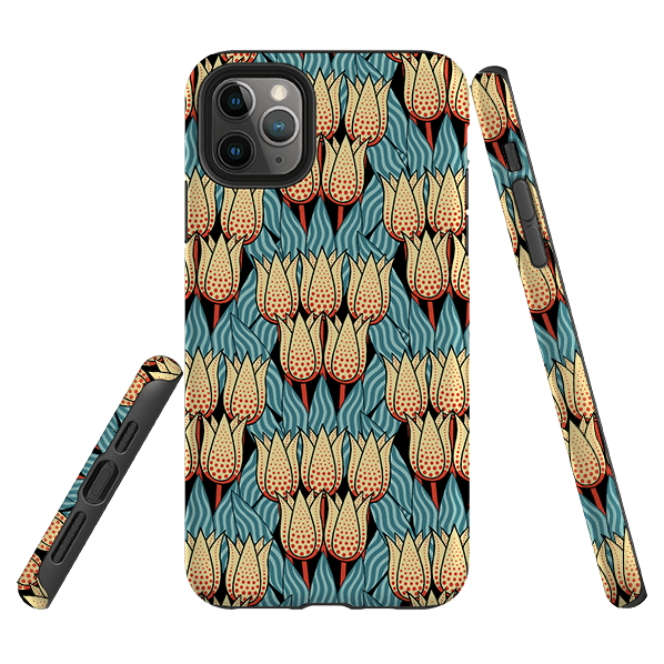 iPhone phone case-Spotty Tulip By Cressida Bell-Product Details Raised bevel to protect screen from scratches. Impact resistant polycarbonate shell and shock absorbing inner TPU liner. Secure fit with design wrapping around side of the case and full access to ports. Compatible with Qi-standard wireless charging. Thickness 1/8 inch (3mm), weight 30g. Compatibility See drop down menu for options, please select the right case as we print to order.-Stringberry