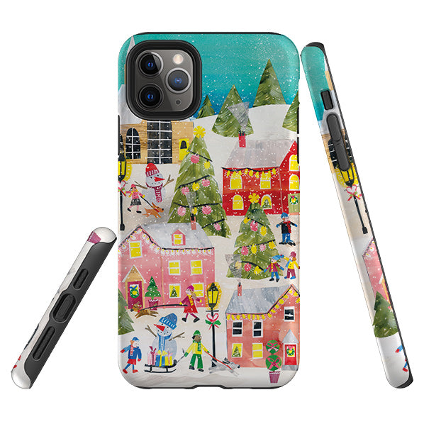 iPhone phone case-Winter Village By Tracey English-Product Details Raised bevel to protect screen from scratches. Impact resistant polycarbonate shell and shock absorbing inner TPU liner. Secure fit with design wrapping around side of the case and full access to ports. Compatible with Qi-standard wireless charging. Thickness 1/8 inch (3mm), weight 30g. Compatibility See drop down menu for options, please select the right case as we print to order.-Stringberry
