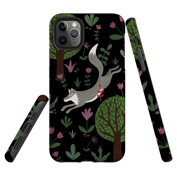 iPhone phone case-Wolf In Trees By Bex Parkin-Product Details Raised bevel to protect screen from scratches. Impact resistant polycarbonate shell and shock absorbing inner TPU liner. Secure fit with design wrapping around side of the case and full access to ports. Compatible with Qi-standard wireless charging. Thickness 1/8 inch (3mm), weight 30g. Compatibility See drop down menu for options, please select the right case as we print to order.-Stringberry