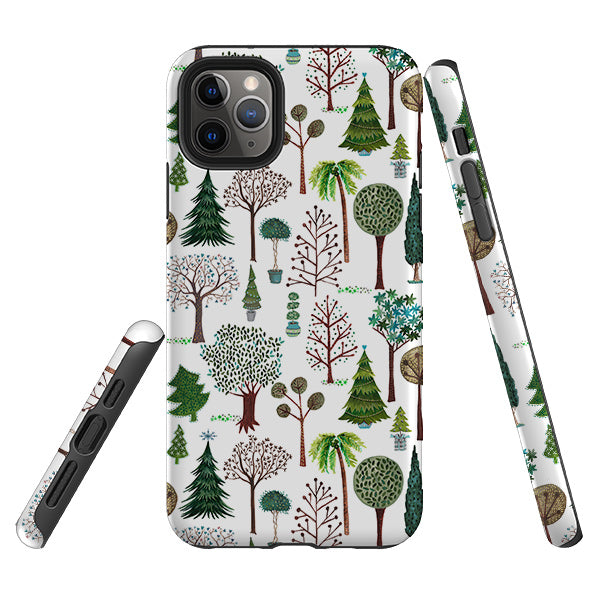 iPhone phone case-Xmas Trees By Katherine Quinn-Product Details Raised bevel to protect screen from scratches. Impact resistant polycarbonate shell and shock absorbing inner TPU liner. Secure fit with design wrapping around side of the case and full access to ports. Compatible with Qi-standard wireless charging. Thickness 1/8 inch (3mm), weight 30g. Compatibility See drop down menu for options, please select the right case as we print to order.-Stringberry