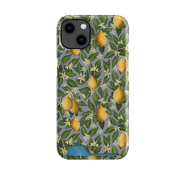 Hard plastic phone case with a yellow lemon and white blossom pattern on a grey background and a hidden card slot.