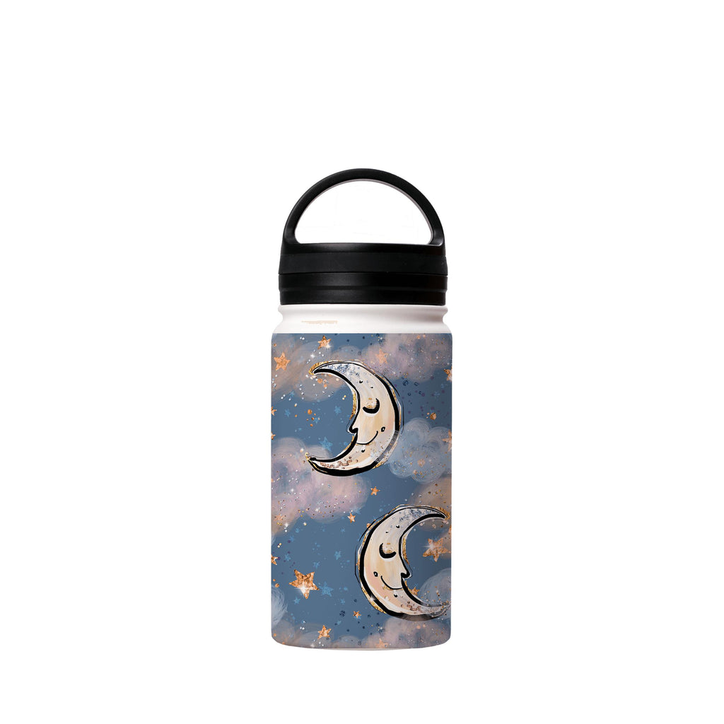 Water Bottles-Moon And Stars Insulated Stainless Steel Water Bottle-12oz (350ml)-handle cap-Insulated Steel Water Bottle Our insulated stainless steel bottle comes in 3 sizes- Small 12oz (350ml), Medium 18oz (530ml) and Large 32oz (945ml) . It comes with a leak proof cap Keeps water cool for 24 hours Also keeps things warm for up to 12 hours Choice of 3 lids ( Sport Cap, Handle Cap, Flip Cap ) for easy carrying Dishwasher Friendly Lightweight, durable and easy to carry Reusable, so it's safe for