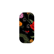 Moonlight Garden phone stand featuring a black background with vibrant red, orange, and purple floral and ladybug art.