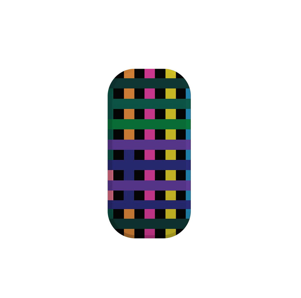 Newton phone stand with a colorful, woven grid pattern in vibrant stripes of pink, yellow, green, and blue on a black base.