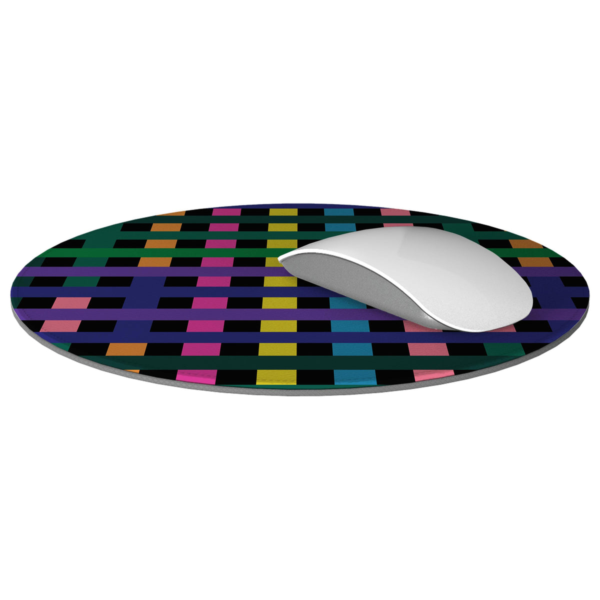 Round vegan leather mouse mat featuring a colorful plaid pattern with a white computer mouse on a textured surface.