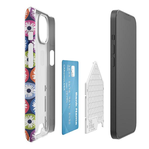 Penny Flowers Dark slider phone case with a hidden card slot, colorful floral pattern, and protective hard plastic shell.