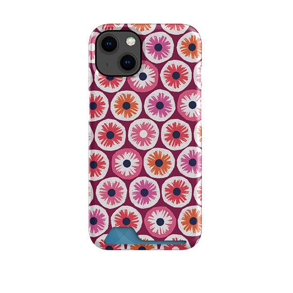 Red phone case with a floral Penny Flowers pattern and a convenient hidden card slot at the bottom.