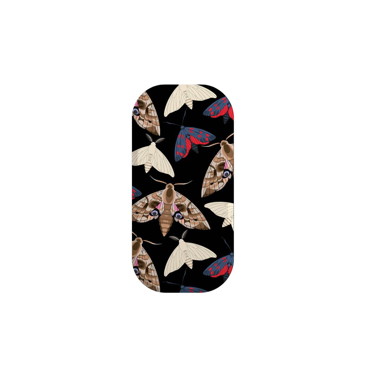 Perivale phone stand featuring a black background with a detailed pattern of colorful moths in shades of brown, red, and cream.