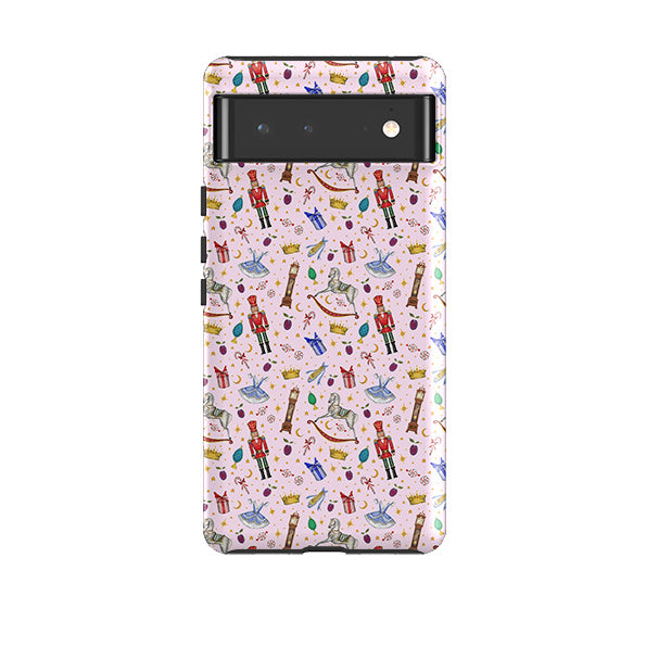 Google phone case-Pink Nutcracker By Catherine Rowe-Product Details Raised bevel to protect screen from scratches. Impact resistant polycarbonate shell and shock absorbing inner TPU liner. Secure fit with design wrapping around side of the case and full access to ports. Compatible with Qi-standard wireless charging. Thickness 1/8 inch (3mm), weight 30g. Compatibility See drop down menu for options, please select the right case as we print to order.-Stringberry