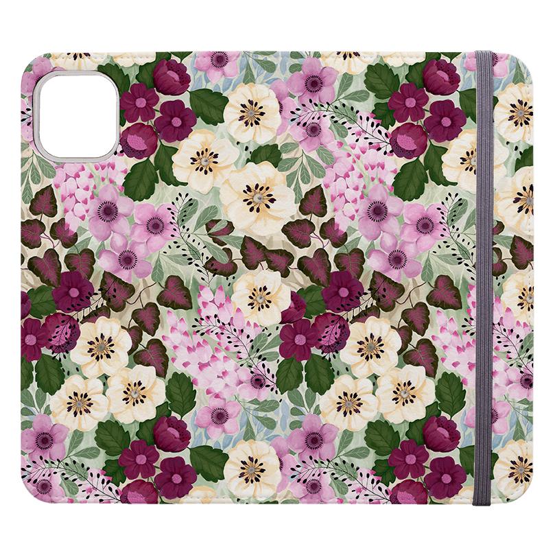 Custodia per telefono con portafoglio - Fiori viola di Bex Parkin - Custodia portafoglio in pelle vegana. Pelle vegana, 3 scompartimenti per carte e esterno completamente stampato. Compatibilità: consulta il menu a discesa per le opzioni, si prega di selezionare la custodia corretta poiché produciamo su ordinazione. - Stringberry