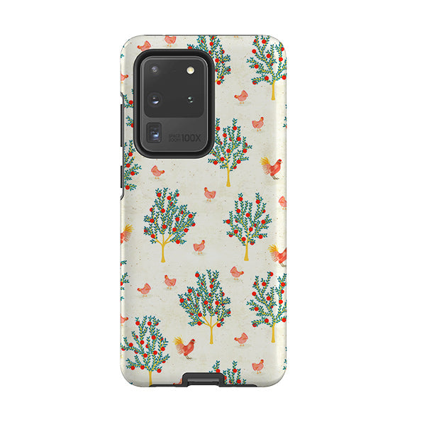 Samsung phone case-Apple Trees And Chickens Cream By Katherine Quinn-Product Details Raised bevel to protect screen from scratches. Impact resistant polycarbonate shell and shock absorbing inner TPU liner. Secure fit with design wrapping around side of the case and full access to ports. Compatible with Qi-standard wireless charging. Thickness 1/8 inch (3mm), weight 30g. Compatibility See drop down menu for options, please select the right case as we print to order.-Stringberry