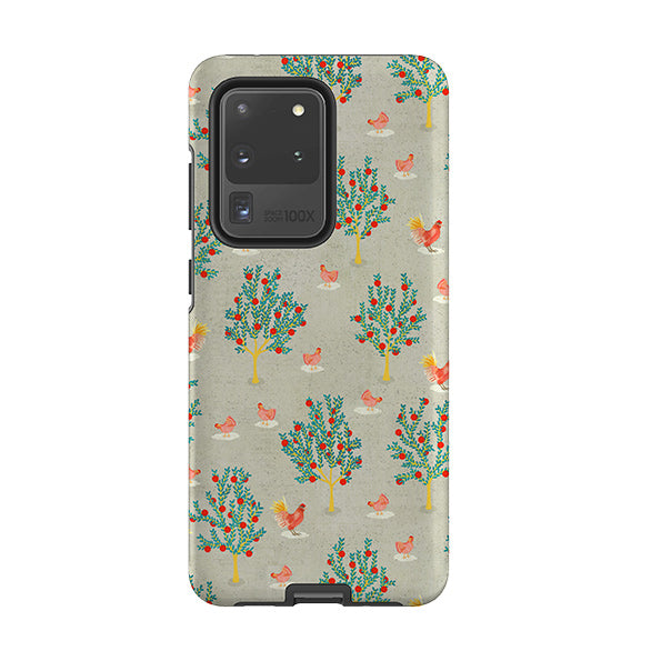 Samsung phone case-Apple Trees And Chickens Grey By Katherine Quinn-Product Details Raised bevel to protect screen from scratches. Impact resistant polycarbonate shell and shock absorbing inner TPU liner. Secure fit with design wrapping around side of the case and full access to ports. Compatible with Qi-standard wireless charging. Thickness 1/8 inch (3mm), weight 30g. Compatibility See drop down menu for options, please select the right case as we print to order.-Stringberry