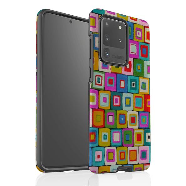 Samsung phone case-Atelier Blanket Squares Bright By Sarah Campbell-Product Details Raised bevel to protect screen from scratches. Impact resistant polycarbonate shell and shock absorbing inner TPU liner. Secure fit with design wrapping around side of the case and full access to ports. Compatible with Qi-standard wireless charging. Thickness 1/8 inch (3mm), weight 30g. Compatibility See drop down menu for options, please select the right case as we print to order.-Stringberry