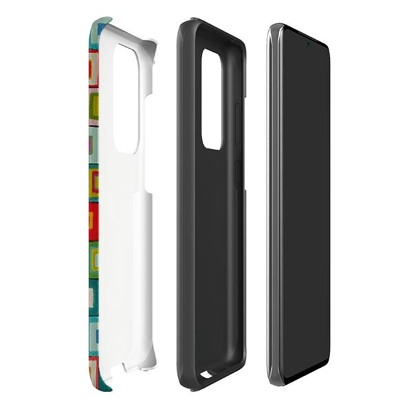 Samsung phone case-Atelier Blanket Squares Bright By Sarah Campbell-Product Details Raised bevel to protect screen from scratches. Impact resistant polycarbonate shell and shock absorbing inner TPU liner. Secure fit with design wrapping around side of the case and full access to ports. Compatible with Qi-standard wireless charging. Thickness 1/8 inch (3mm), weight 30g. Compatibility See drop down menu for options, please select the right case as we print to order.-Stringberry