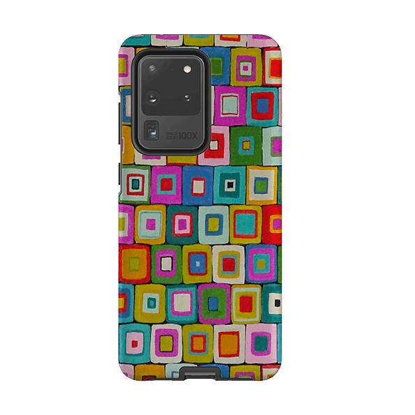 Samsung phone case-Atelier Blanket Squares Bright By Sarah Campbell-Product Details Raised bevel to protect screen from scratches. Impact resistant polycarbonate shell and shock absorbing inner TPU liner. Secure fit with design wrapping around side of the case and full access to ports. Compatible with Qi-standard wireless charging. Thickness 1/8 inch (3mm), weight 30g. Compatibility See drop down menu for options, please select the right case as we print to order.-Stringberry